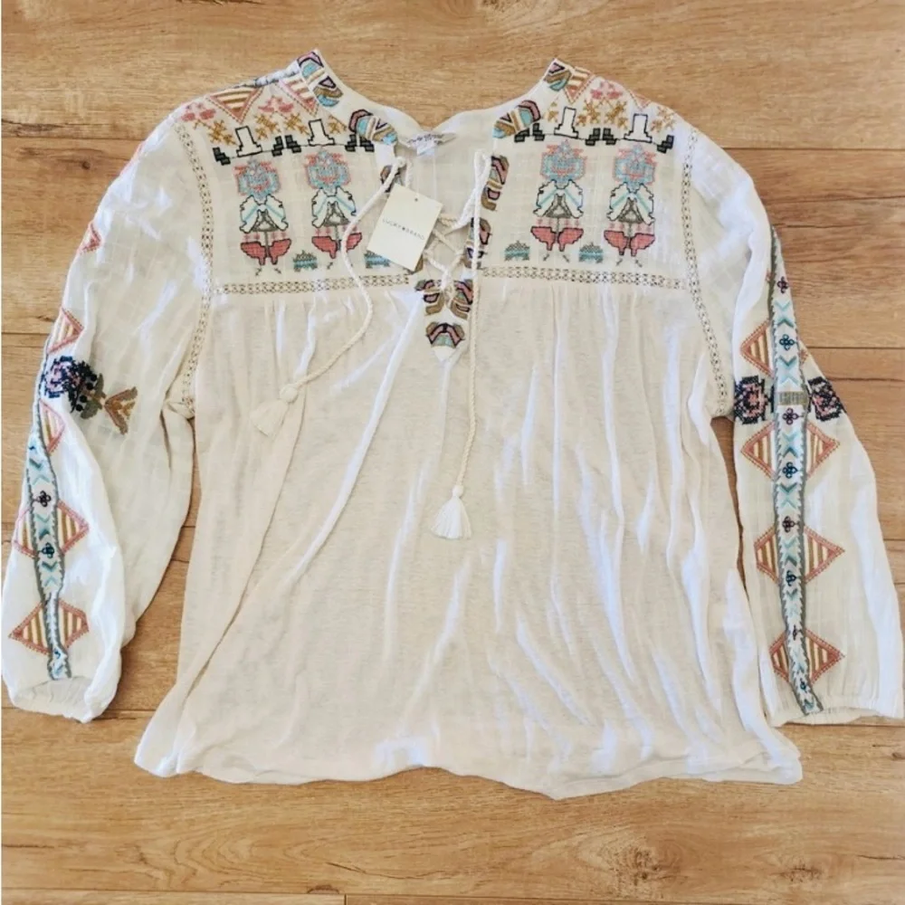 Lucky Brand Boho Lace-Up Embroidered Blouse Size XL - Picture 3 of 8